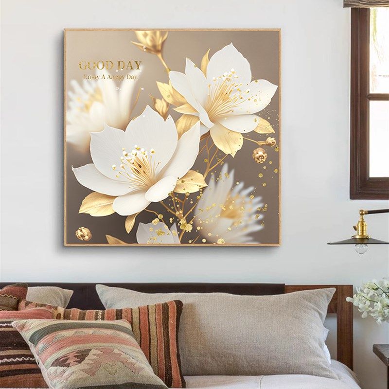 奶油风餐厅背景墙壁装饰画正方形郁金香花朵挂画原木风卧室桌面画