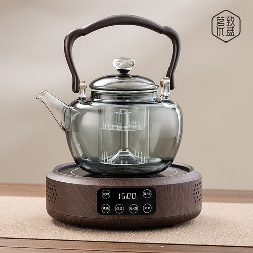 新款玻璃蒸煮一体煮茶壶器黑晶炉套装烧水泡茶胡桃木煮茶炉养生壶