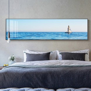 蓝色大海帆船卧室床头沙发背景墙装饰挂画客餐厅现代风景横版壁画