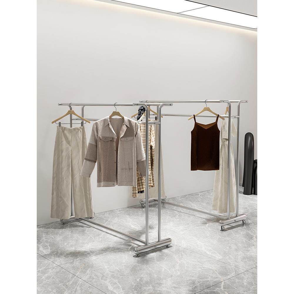 简约服装店中岛架不锈钢展示挂衣架男女装店铺中间双杠货架带轮子