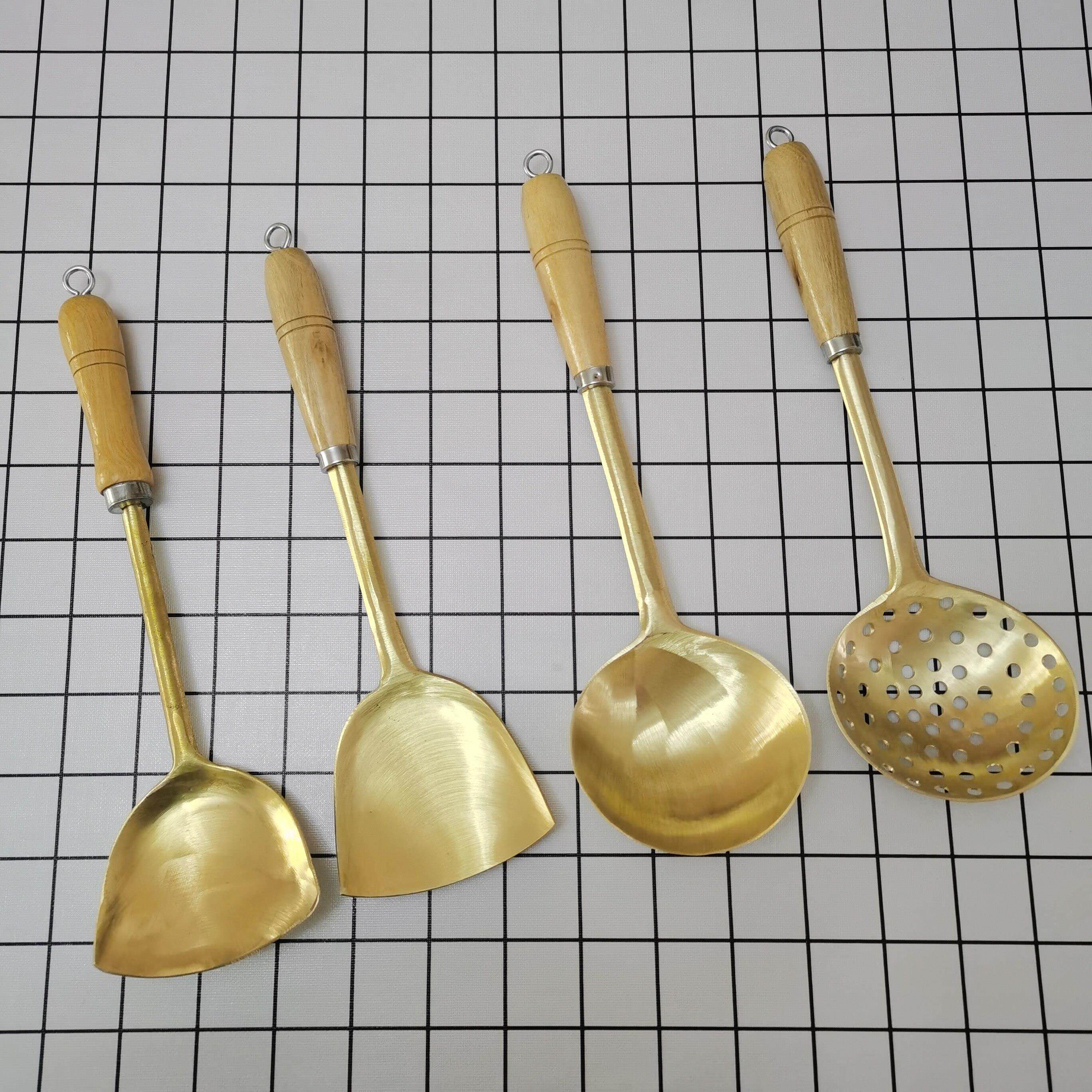 纯手工黄铜锅铲汤勺漏勺组合 原木柄加厚炒菜用补铜汤勺