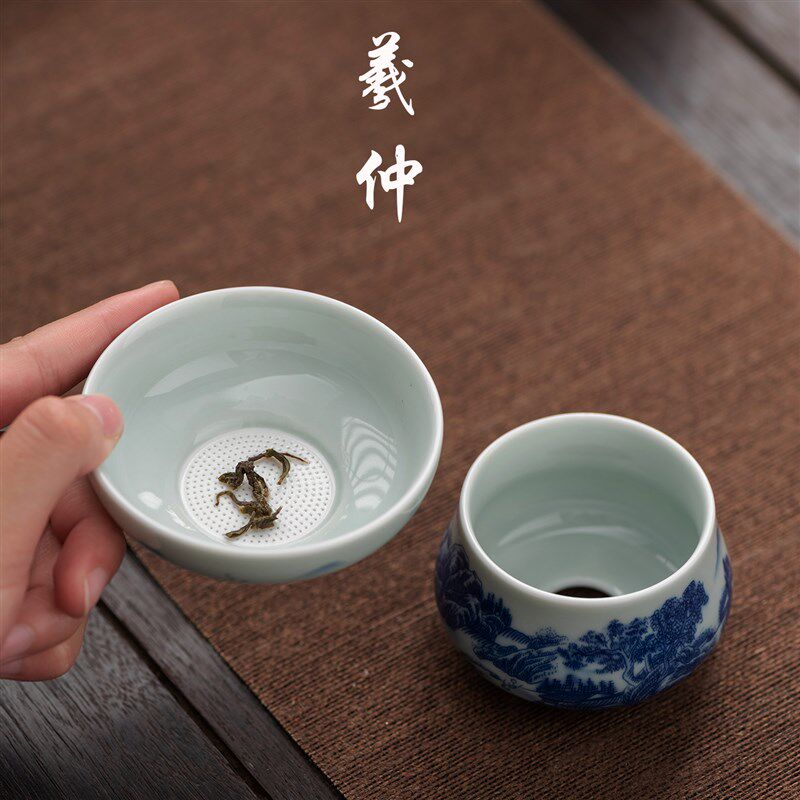 青花手柄公道杯陶瓷分茶器全瓷一体滤网茶海茶具配件公杯茶漏套装