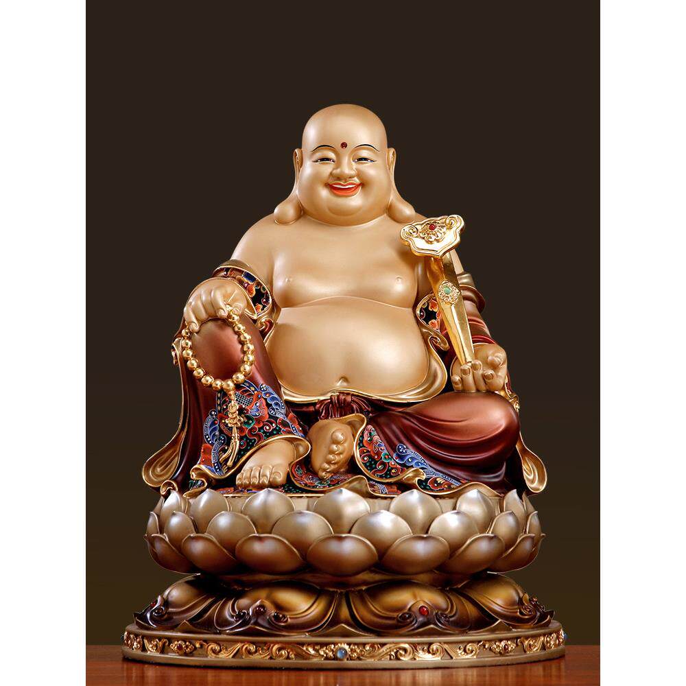 台湾纯铜彩绘弥勒佛摆件大肚弥勒佛佛像供奉家用店铺招财笑佛摆件