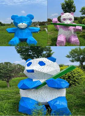 不锈钢几何熊雕塑网红卡通动物雕塑户外景观摆件定制