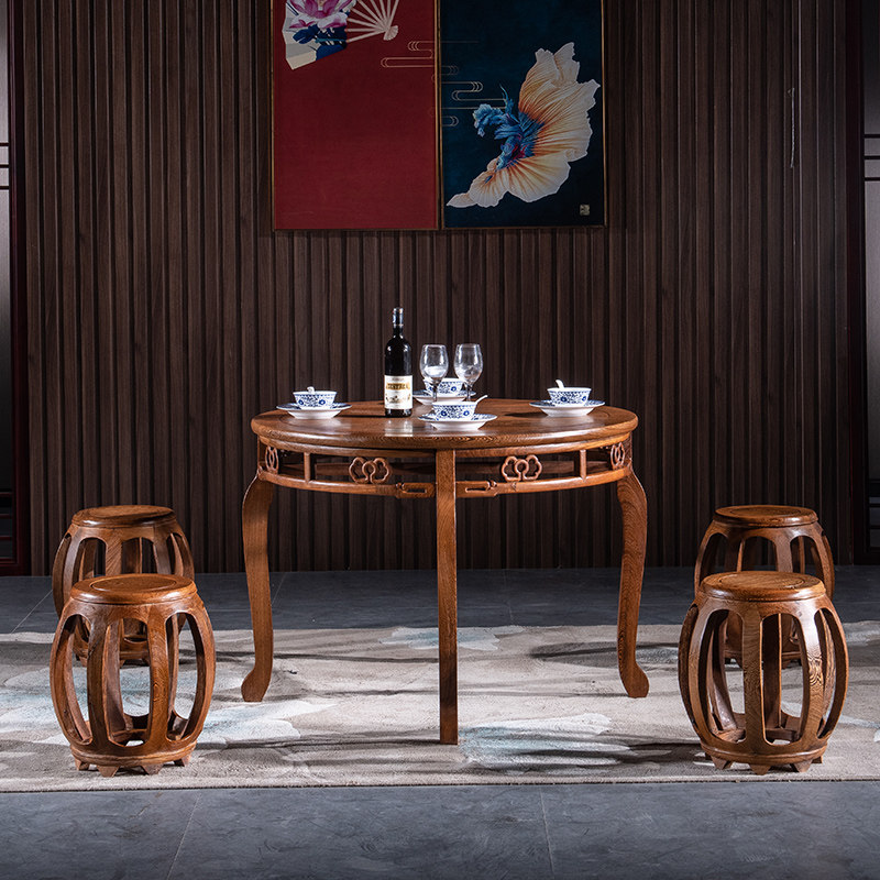 三匠名居红木鸡翅木圆餐桌饭桌椅组合中式餐桌小户型家用实木家具