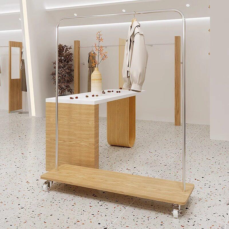 服装店展示架落地式不锈钢原木纹色挂衣架女装店专用中岛陈列货架