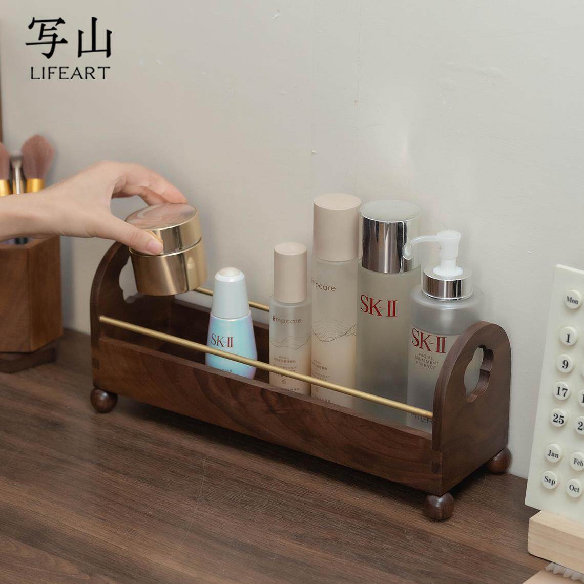 黑胡桃木放化妆品的收纳盒护肤品收纳筐置物架精美高端可手提桌面