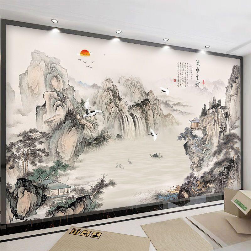 电视背景墙壁画8d山水立体墙纸客厅3d现代简约影视墙布新中式壁纸