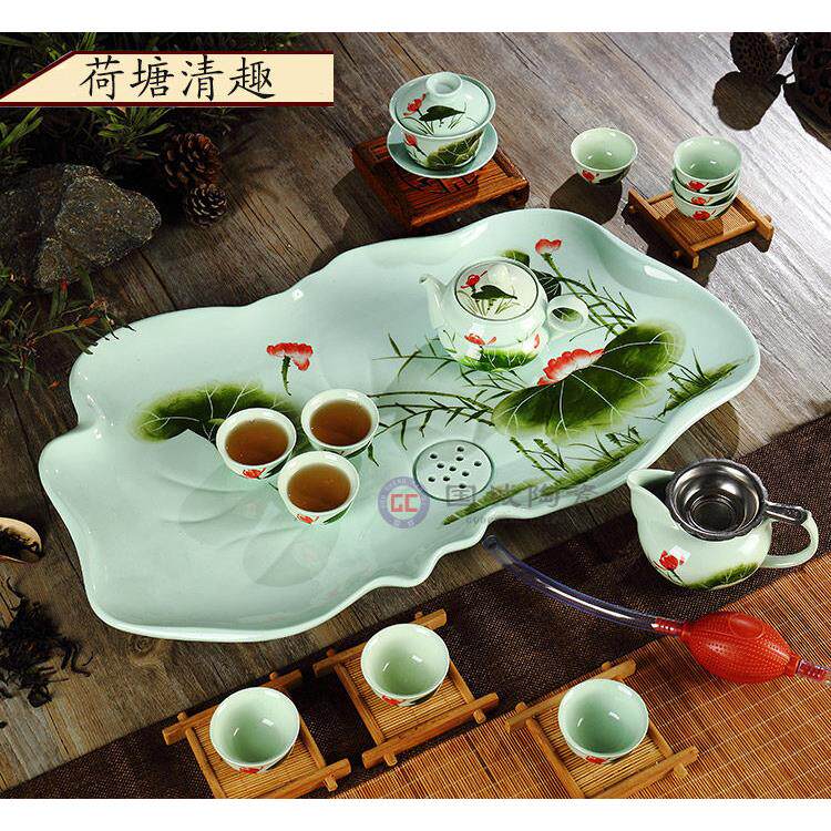 潮汕功夫茶茶具套组瓷一体陶瓷荷花莲花排水式小型茶盘客厅家用