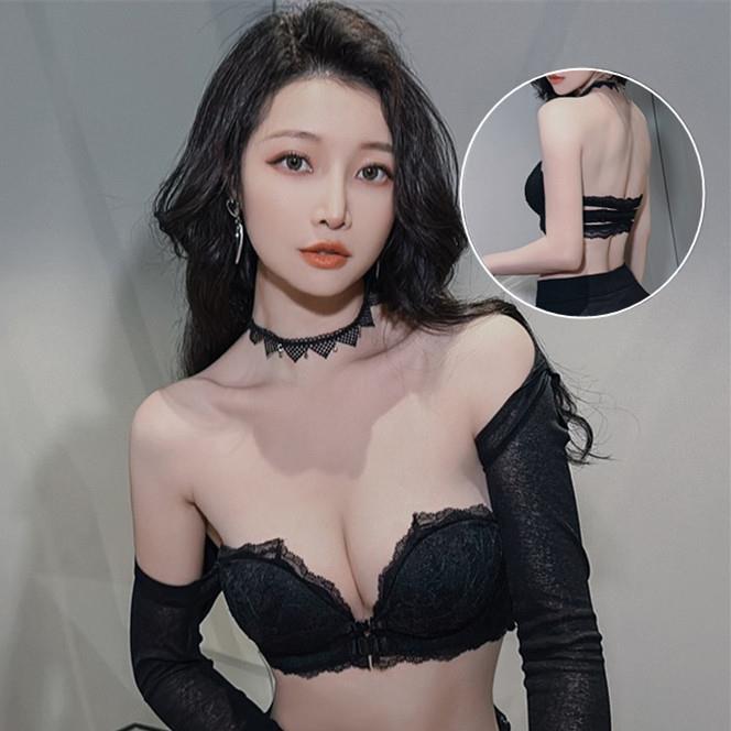 高级爆款蕾丝无肩带内衣女聚拢加厚小胸罩无钢圈前扣美背文胸套装