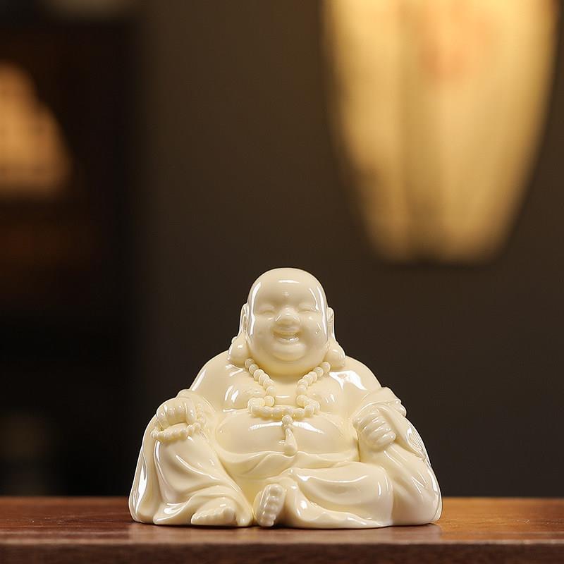 陶瓷摆件弥勒佛开心笑佛车载摆饰办公室茶桌桌面家用博古架装饰品