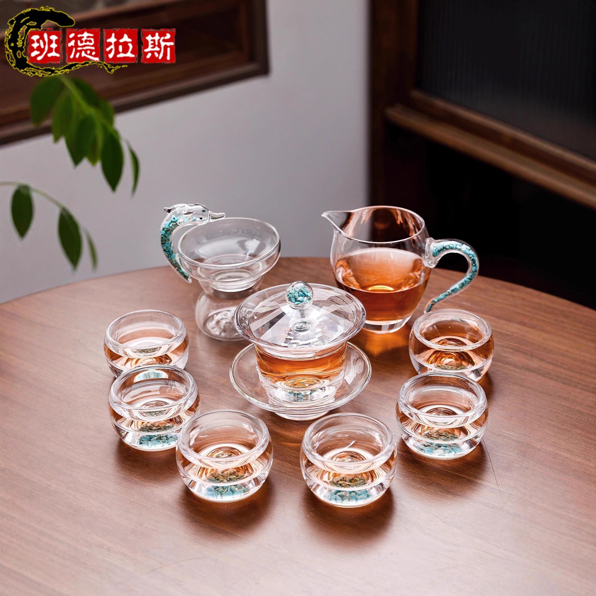 绿松石水晶玻璃茶具套装家用盖碗功夫茶具高档三才盖碗泡茶碗整套
