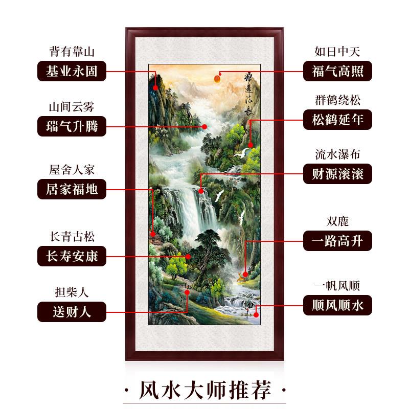 西墙聚财山水挂画客厅办公室风水靠山图壁画流水生财玄关装饰国画