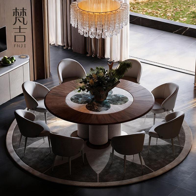 现代黑胡桃实木奢石内嵌式餐桌轻奢别墅饭厅圆桌家用餐桌椅定制