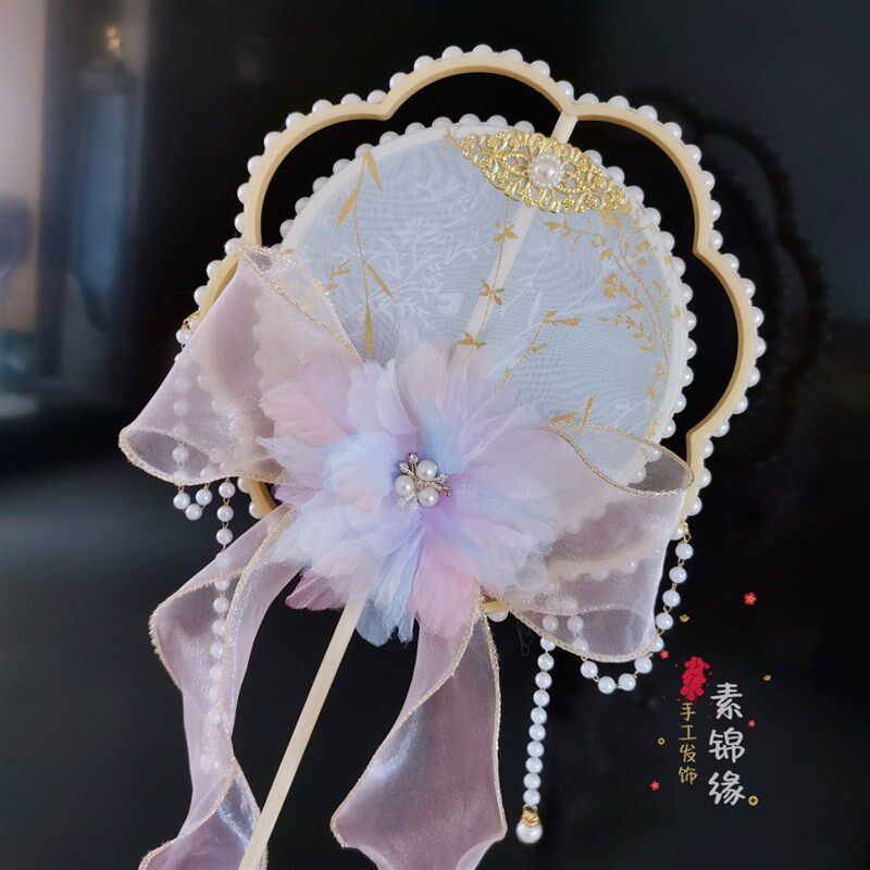 古风团扇双圈半透古装舞蹈扇子宫扇蝴蝶结绢花汉服舞蹈拍照道具