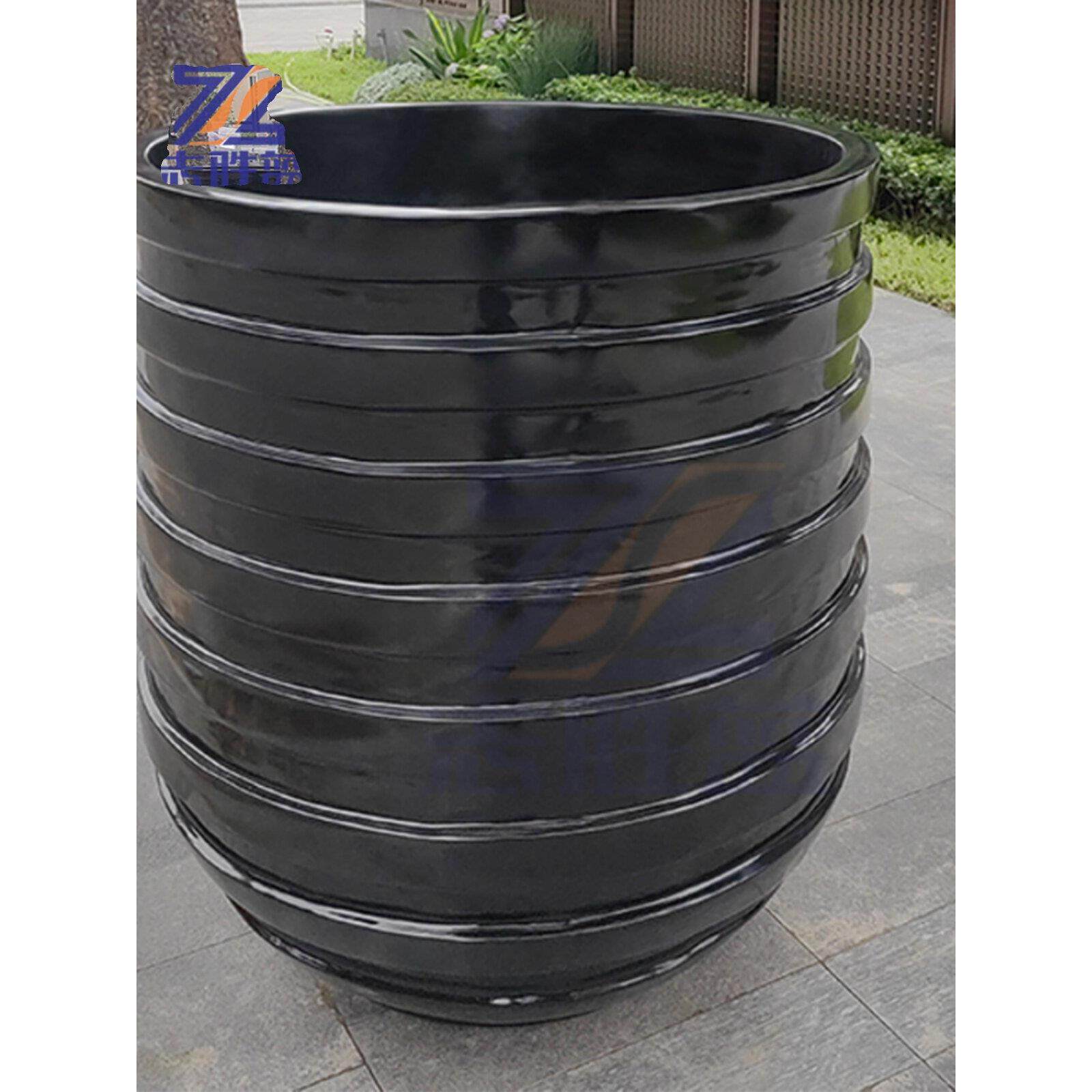 黑白色螺纹特大号高筒玻璃钢落地花盆发财树凤尾松金钱树景观树池