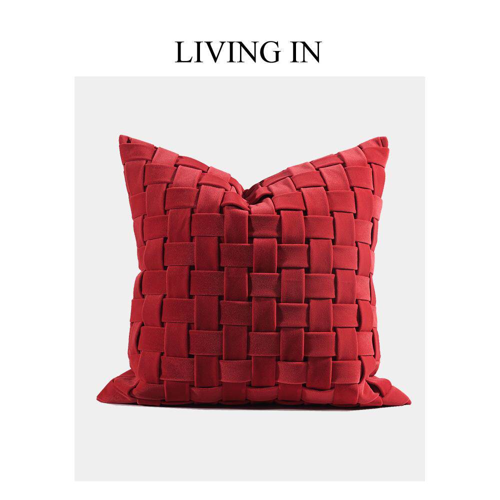 高端现代简约红色Bv格纹编织枕套可访问豪华客厅沙发模型房间枕头