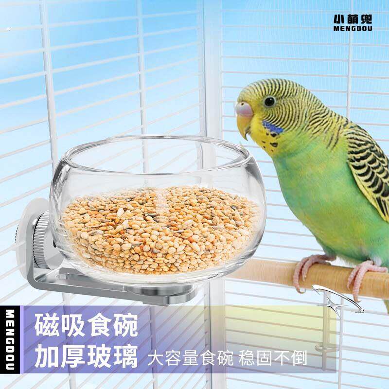 鹦鹉喂食器玻璃碗防溅鸟食罐稳固不倒防翻喝水碗鸟笼内挂磁吸食碗