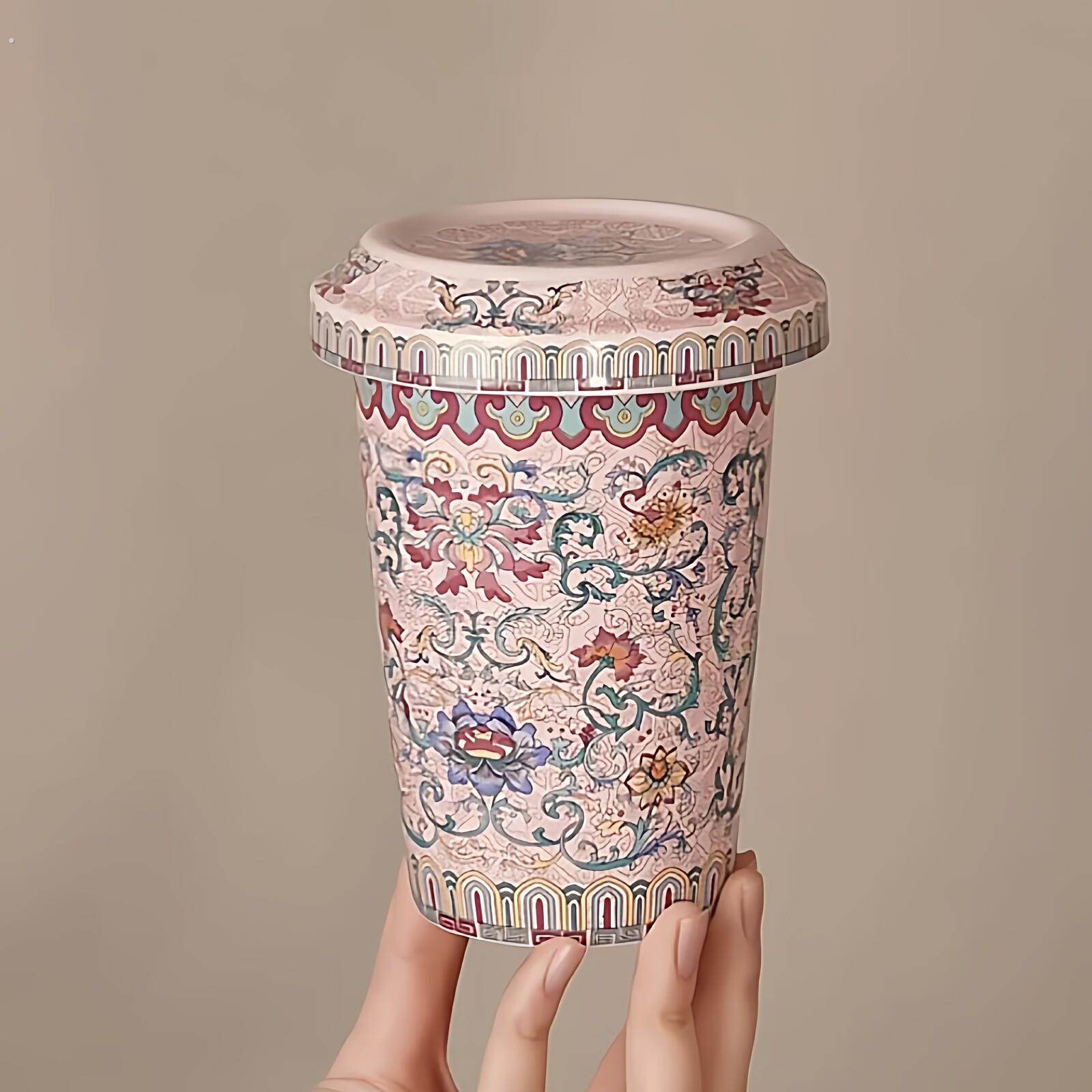 复古珐琅彩马克杯带盖陶瓷茶杯高颜值咖啡杯高级感喝水杯生日礼物