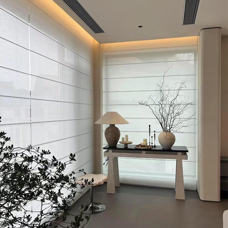 电动罗马帘窗帘法式日夜双层折叠智能百叶窗帘半透全遮光升降卷帘
