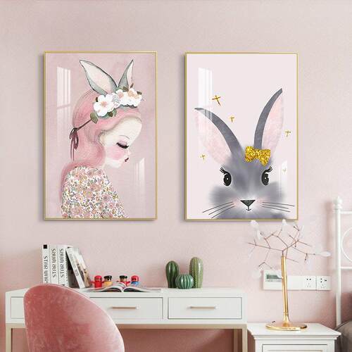 卧室装饰画现代极简主义儿童房女孩房壁画两部分公主房墙壁画床边