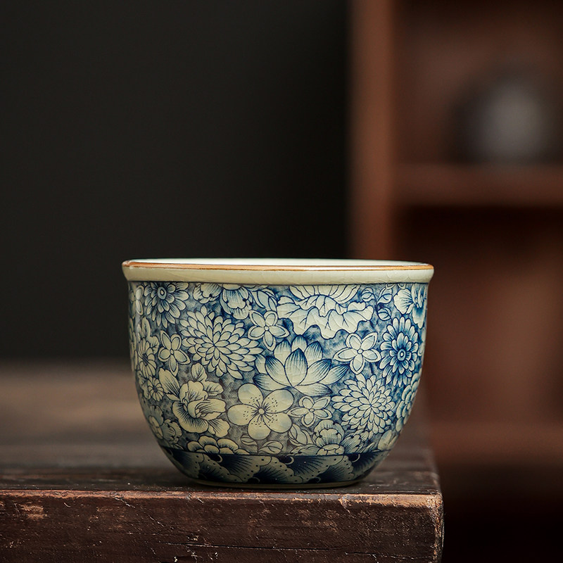 老陶泥青花杯家用高档功夫茶杯个人专用复古缸杯主人杯单杯礼盒装,餐饮具,茶杯,淘宝优惠券,粉丝福利购,淘宝优惠卷