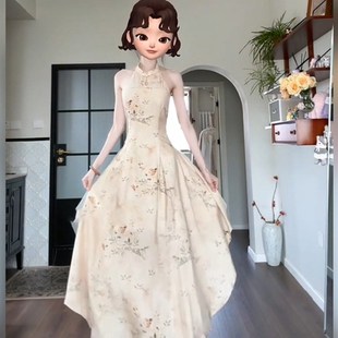 胖mm新中式国风挂脖碎花连衣裙女夏季旗袍年轻款禅意开衫两件套装