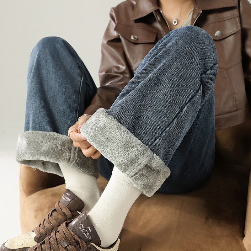 加绒窄版阔腿牛仔裤女秋冬季加厚保暖小个子高腰遮胯宰板显瘦直筒