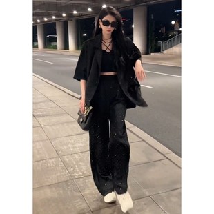 黑色时尚西装套装女2023夏装新款高级感气质短袖薄款阔脚裤两件套