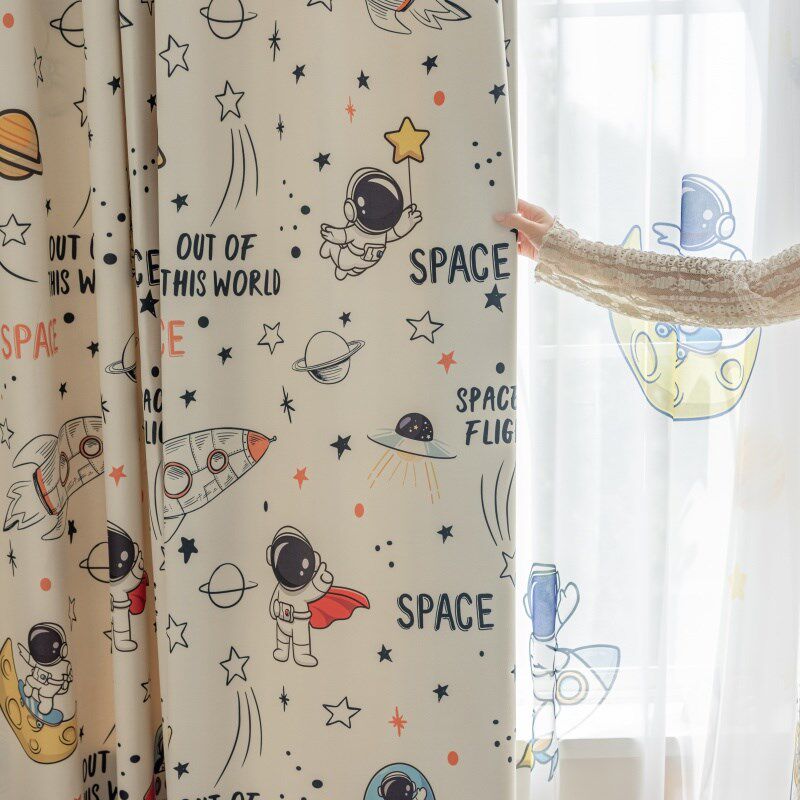 宇航员卡通儿童房窗帘男孩卧室飘窗遮光布2024新款小窗户短帘定制