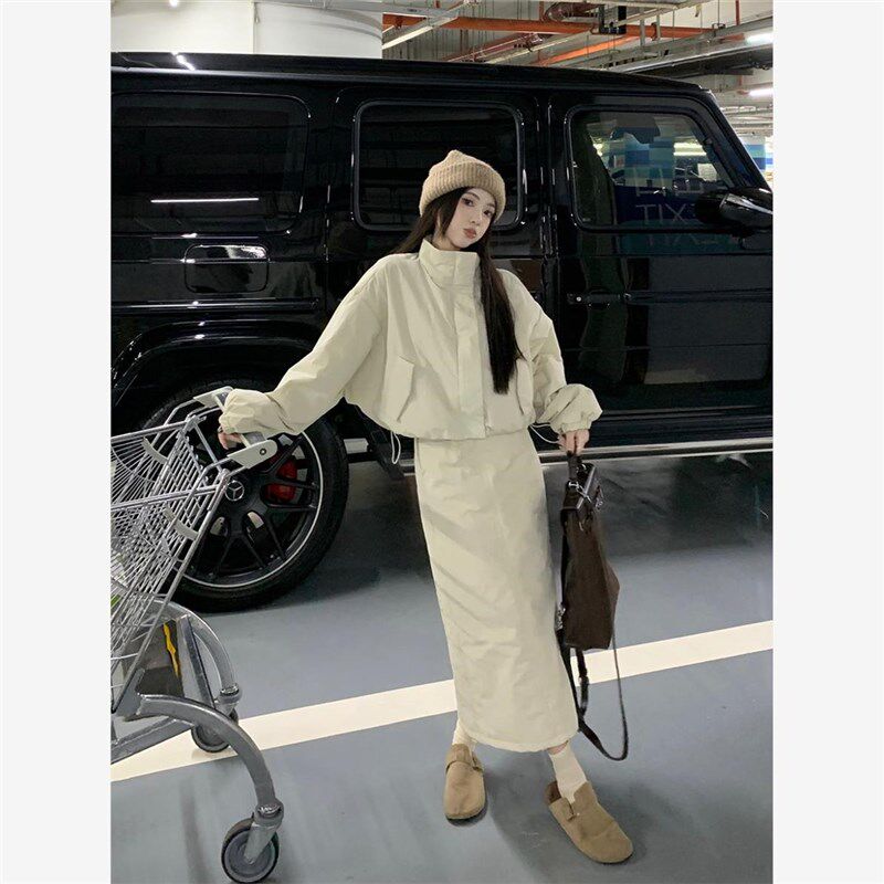 立领短款拉链棉衣棉服外套女秋冬季休闲套装夹棉半身长裙子两件套