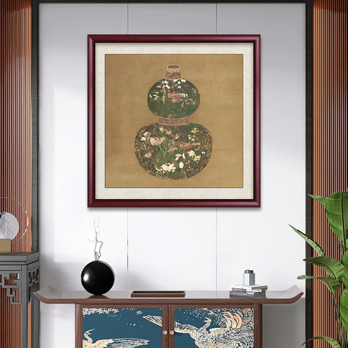 名家字画葫芦花瓶中式客厅入户玄关复古挂画办公室茶室斗方装饰画