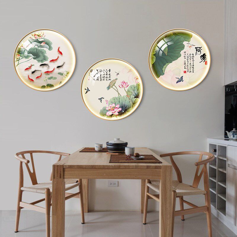 玄关装饰画九鱼图招财创意挂画新中式餐厅墙面装饰壁画圆形带定做