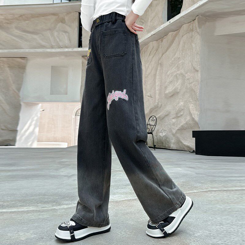 女童牛仔裤春秋款儿童秋装女孩窄版阔腿裤初中生渐变直筒裤子大童