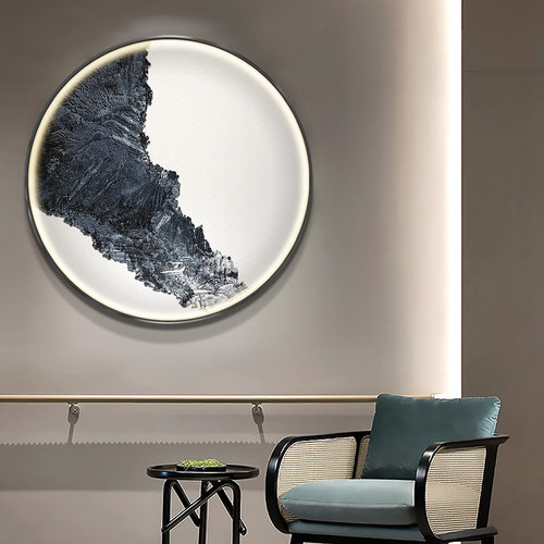 新中式入户玄关圆形发光装饰画 火锅店走廊过道砂岩浮雕LED灯挂画