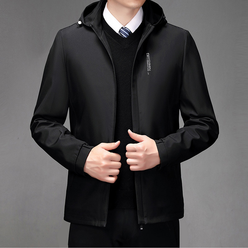 高档秋冬新款中年男士休闲夹克连帽外套男爸爸装加绒加厚红色上衣