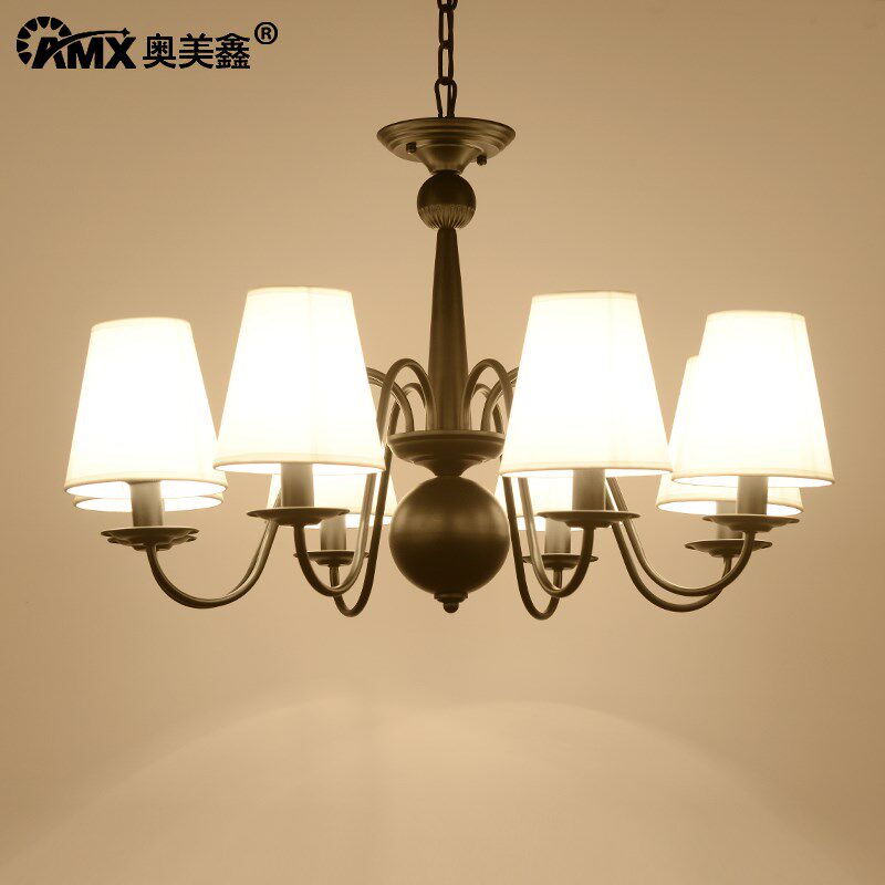 美式吊灯简约乡村铁艺灯复古黑色布艺客厅灯田园卧室6头艺术吊灯