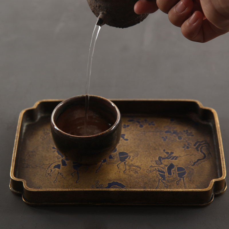六合堂仿古铜盘壶承手工漆绘壶托宋式黄铜器托盘复古干泡台茶盘
