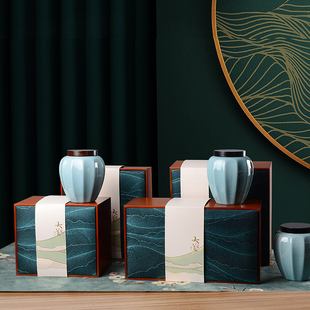 新款竹盒陶瓷罐茶叶礼盒装空盒大红袍普洱白茶中式定制高端包装盒