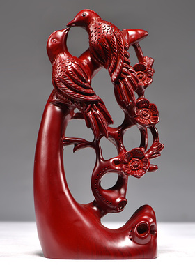 红花梨木雕喜上眉梢摆件红色实木根雕动物花鸟喜鹊家居办公工艺品