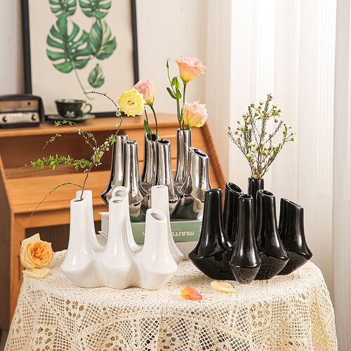 现代创意手工陶瓷抽象花器民宿样板间饰品摆件客厅玄关多口花瓶