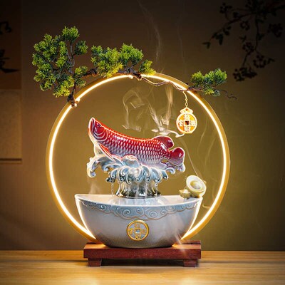 创意年年有余鱼流水招财水循环陶瓷摆件客厅玄关桌面乔迁开业送礼