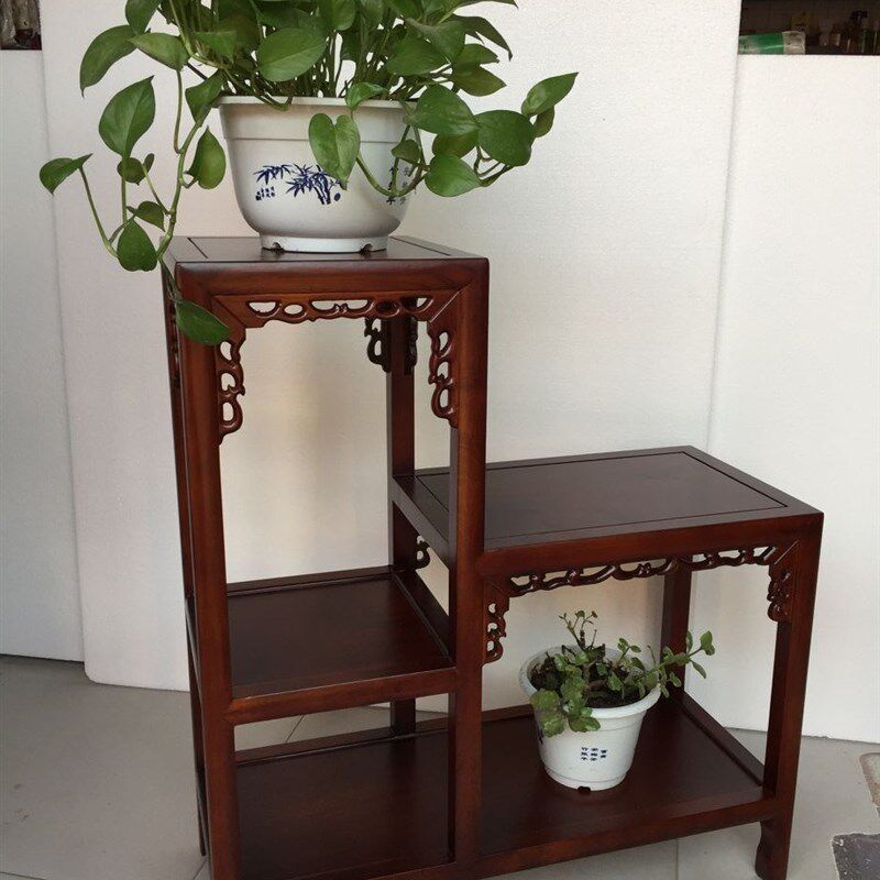 老榆木实木花架盆景架高低柜二连体带板鱼缸架博古架多层仿古奇石