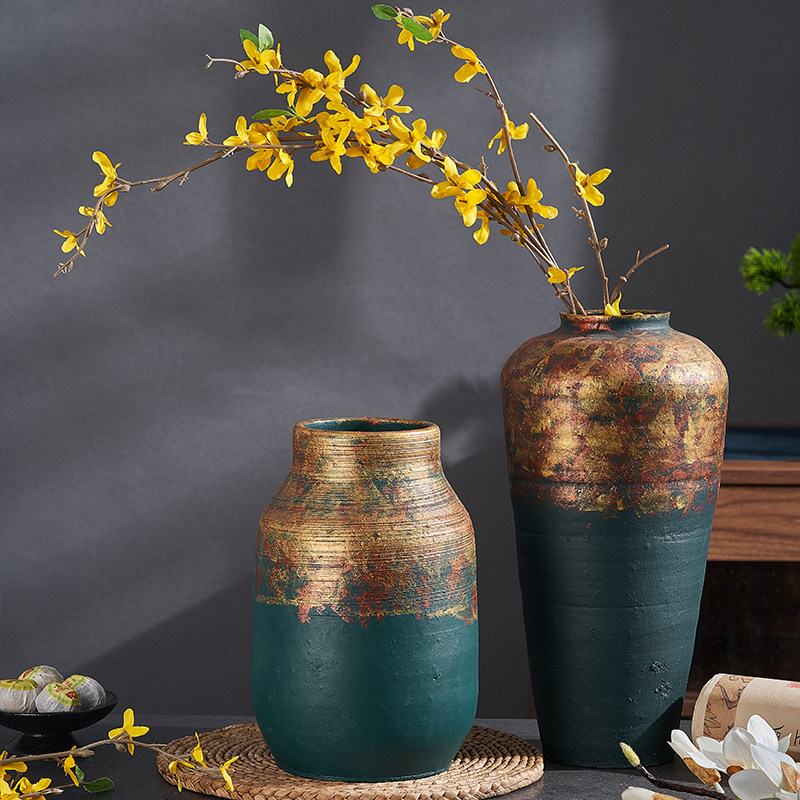 复古金色陶罐花瓶插花水培绿植多肉大花盆禅意新中式创意客厅摆件,家居饰品,花瓶,淘宝优惠券,粉丝福利购,淘宝优惠卷
