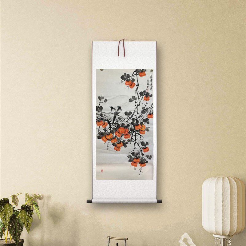 竖幅四尺手绘国画精品柿子图寓意好书法餐厅客房走廊酒店挂画卷轴
