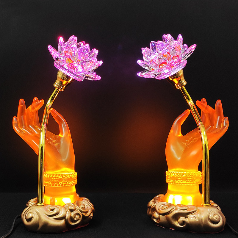 莲花灯供灯荷花灯一对插电家用装饰七彩水琉璃LED佛手长明灯水晶