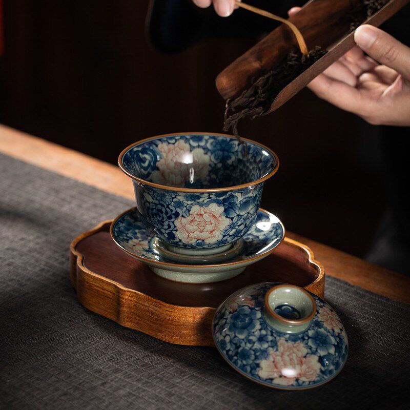老陶泥青花三才盖碗纯手绘万花全满工盖碗茶杯高端柴窑陶瓷泡茶碗