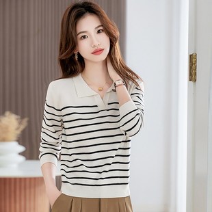 polo领条纹针织衫春季女装内搭打底衫小个子短款气质上衣翻领毛衣