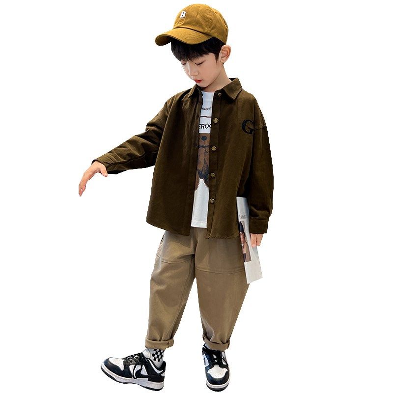 男童春秋套装2024新款儿童洋气衬衫T恤裤子三件套休闲中大童衣服