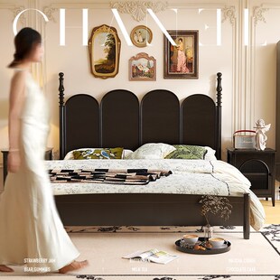 法式 实木床主卧轻奢婚床 复古床黑色中古床1.8M双人床现代简约美式